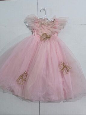 Pink Tulle Party Dress with Gold Appliqué - Kids Formal